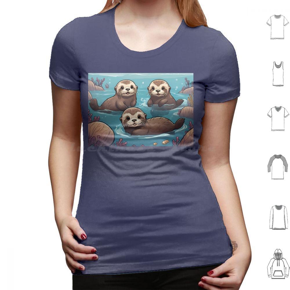Playful Otters In The Ocean T Shirt Big Size 100 Cotton Otters Swimming Ocean Cute Adorable Family Joyful Playful Wildlife