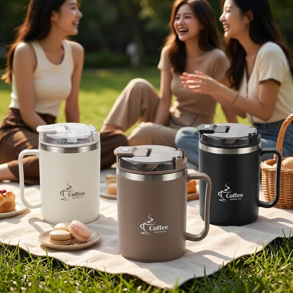 Thermal Coffee Mug with Handle 304 Stainless Steel Insulated Tumbler Leakproof Travel Water Bottle Portable Cup with Spoon