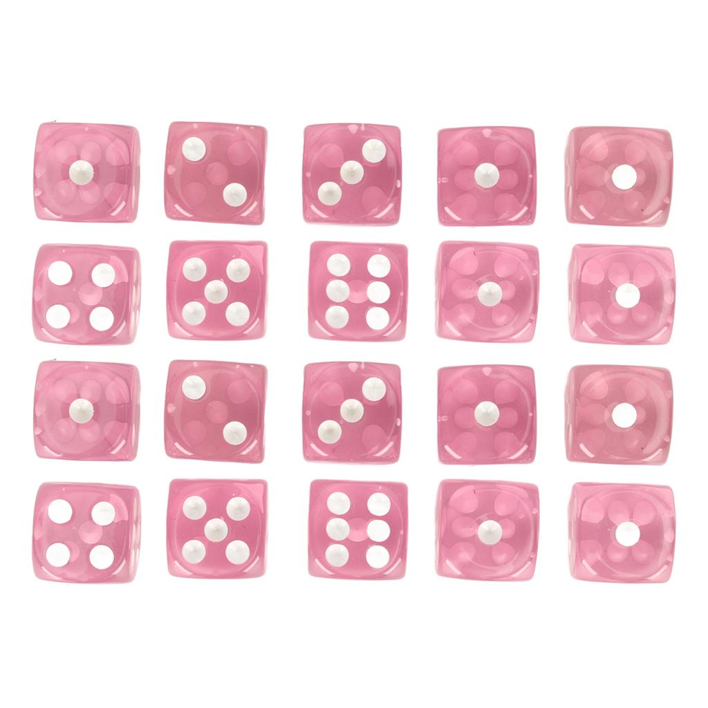 20pcs Dice Set 6 Sided Transparent Dices Rounded Corner Dice for Board Games and Teaching Math Pink with White Spots