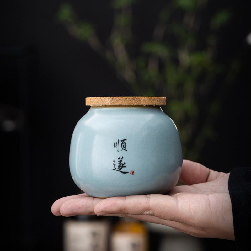 Tea Canister Ceramic Small Tianqing Ru Kiln Crackle Sealed Household Tea Storage Canister Pu'er Tea Green Tea Packaging Canister