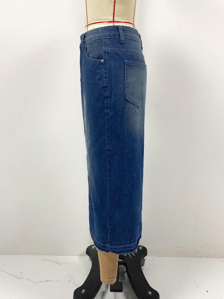High Waist Washed Denim Slit Skirt - Slim Fit, Mid-length Retro Style for Women