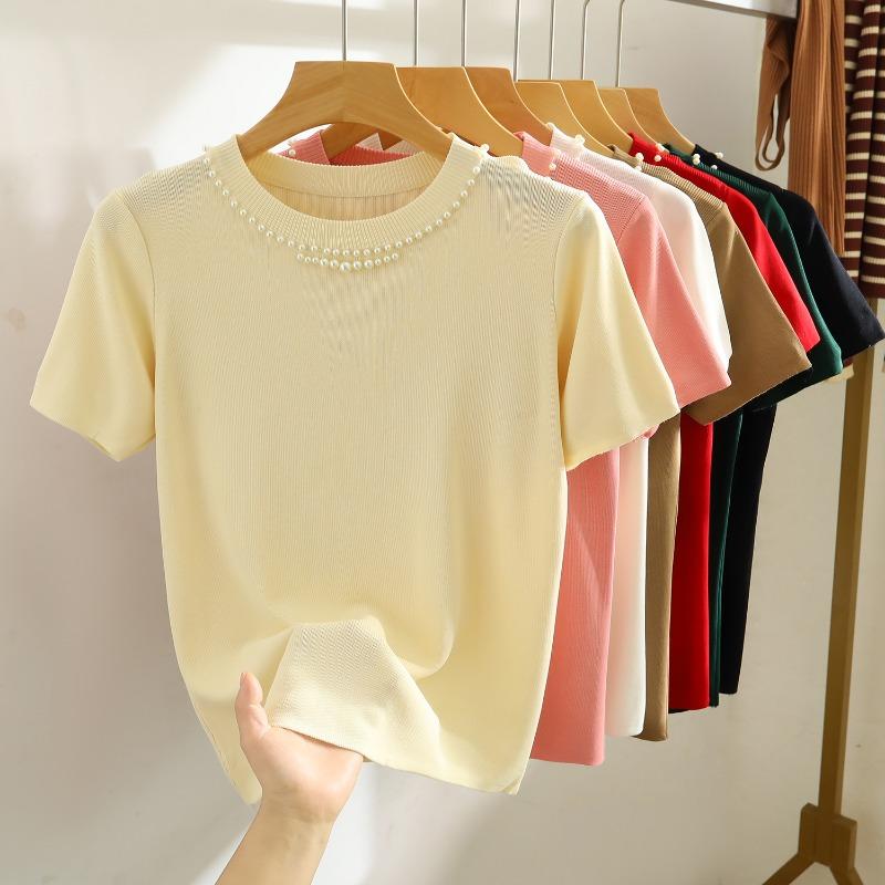 Fashion Short Sleeve Loose Knitted T Shirt Women Summer New Beading Round Neck Casual Women's T-shirt Tops Elegant Slim Fit Simple Woman Tee 26235