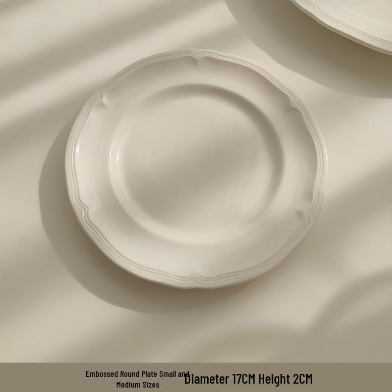 Tai Life French Retro White Embossed Ceramic Lace Plate for Breakfast & Dessert