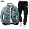 Men's Cross-Border Winter Warm Cotton-Padded Stand-Up Collar Jacket and Trousers Two-Piece Set