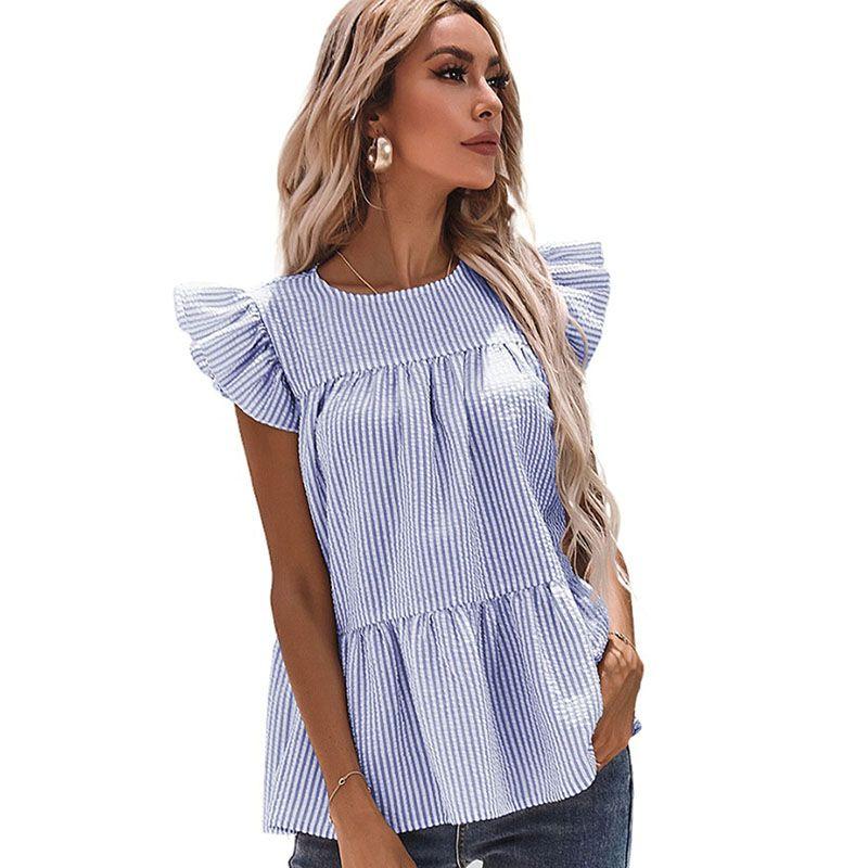 

2024 Summer New Arrival Ruffle Sleeve Chiffon Shirt for Women European and American Leisure Pure Color Stripes Print Pleated Short Sleeves Tops Women LC25120433-Blue Size M fit (55.00 kg-65.00 kg