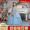 European & American Girls' Lace Flower Princess Dress with Bow & Small Train