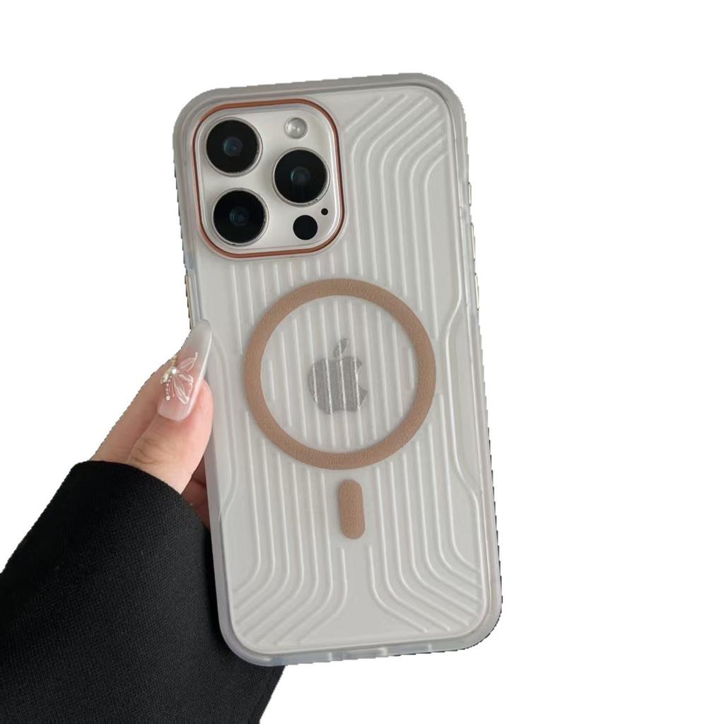 Semi-transparent Corrugated Anti-slip Frame Metal Button Magnetic Suction Phone Case Suitable for IPhone16Pro Anti-fall 15/14