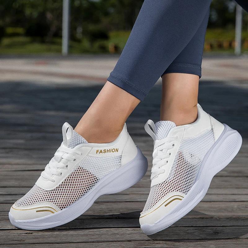 Women Mesh Flat Shoes Autumn New Fashion Tennis Women Thick Soled Lace Up Casual Breathable White Black Sneakers