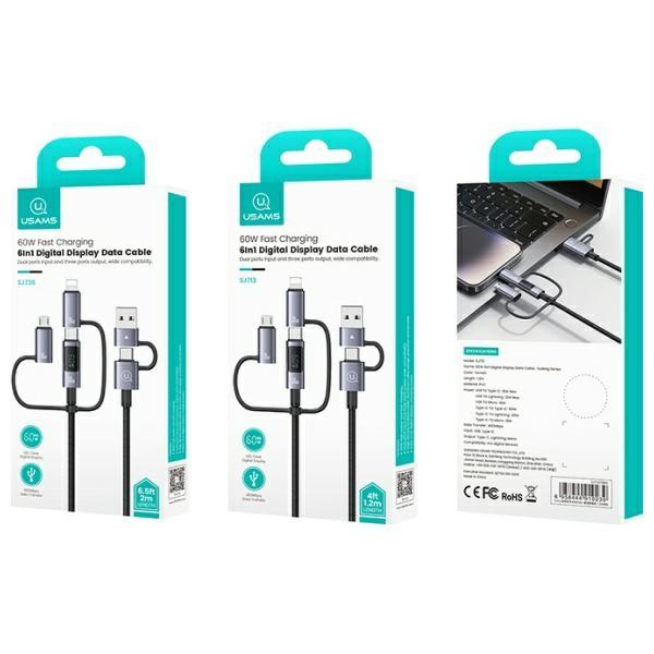 Usams Kabel 6W1 Fast Charging 60W 1,2M   Data Cable Digital Dispay Aluminium Alloy Seria Sufeng Sj713