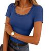 Pure Color Slim Fit Womens Tops Daily Wear Square Collar Lace Splicing Neckline Short Sleeve Pullover Stretchy Ribbed T Shirt