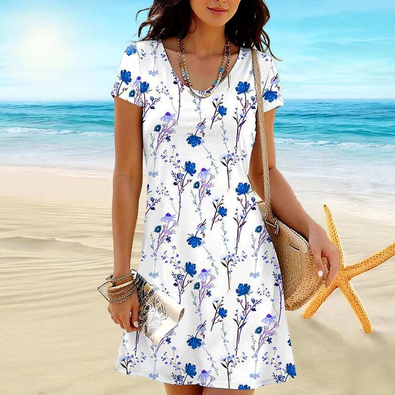 

Женская мода Изящные Ретро Платья с Цветочным Принтом Летние Весенние С Коротким Рукавом Круглый Вырез Повседневные M синий