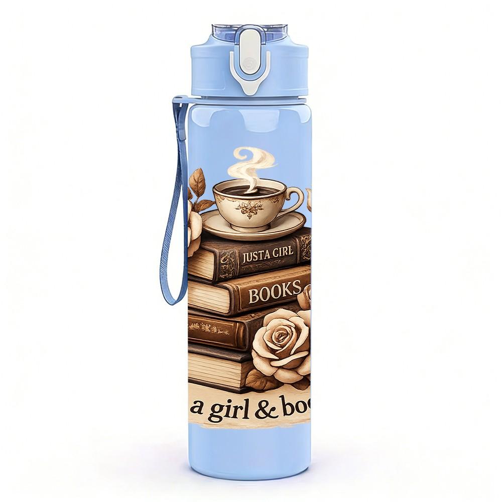 1PC Vintage Books Rose Coffee Print 750ml Color Plastic Sports Water Bottle Leakproof Flip Straw Lid Suitable for Sports Office Home Use