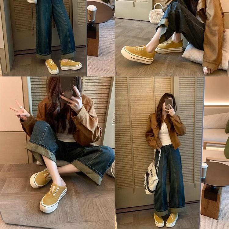 Cowhide version Su Yinyin of the same style, one-pedal leather round head thick sole height increase casual canvas shoes women's board shoes white sho