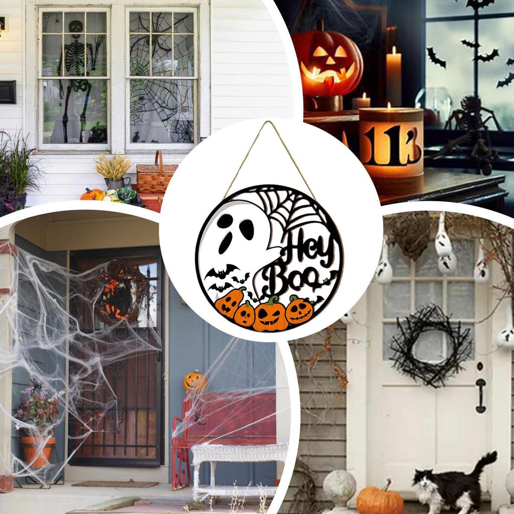 Welcome Door Sign Scary Halloween Door Hangings Ghost Pumpkin Front Door Hanger Round Halloween Wreath Decor for Home Party