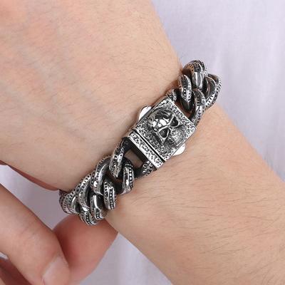 Cooles Punk-Armband mit Totenkopf-Gesicht für Männer, Vintage, 15 mm Breite, Panzerkette, kubanische Gliederkette, Armbänder, Halloween-Schmuckzubehör für Männer