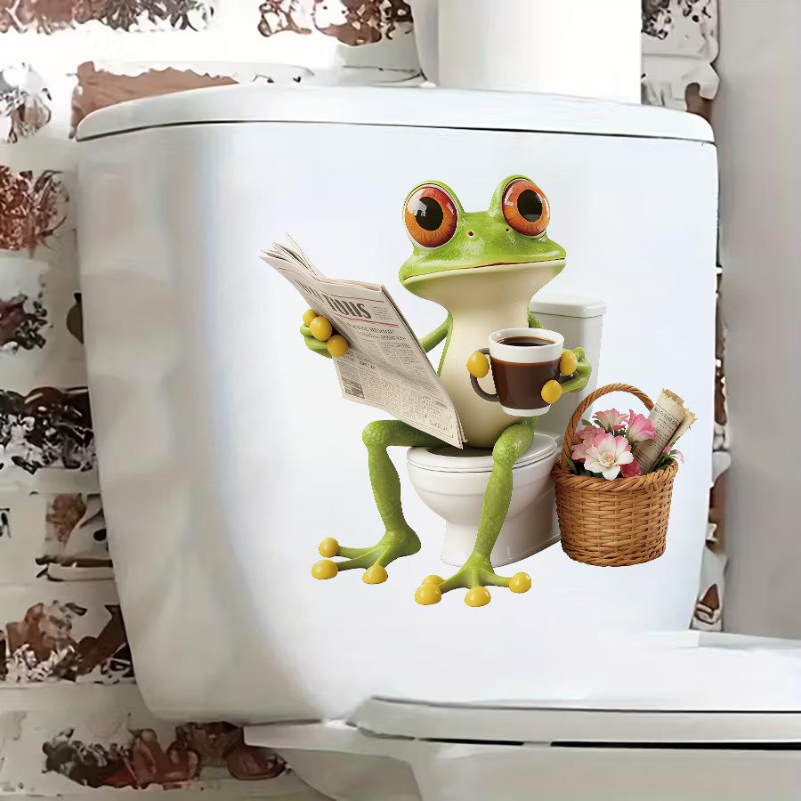 Vtipné 3D kreslené žabí samolepky na víko toalety, samolepicí kreativní dekorace do koupelny na toaletu