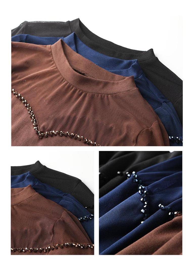 Women's Retro Beaded Black Mesh Long Sleeve Slimming Top - 2023 Spring/Autumn Collection
