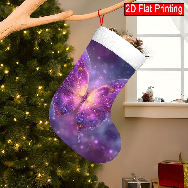 Christmas Decoration Fireplace Hanging Stocking 1pc, Purple Butterfly - Design for Christmas Gift Socks, Festi