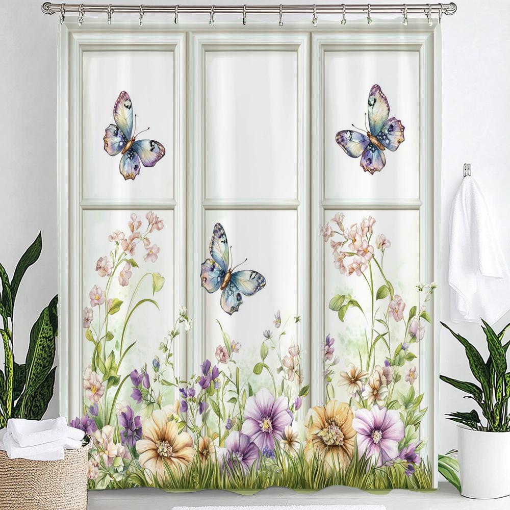 Colorful Butterflies And Flowers Screen Pattern Shower Curtain, Bathroom Decorative Shower Curtain, Home Curtain With Hooks