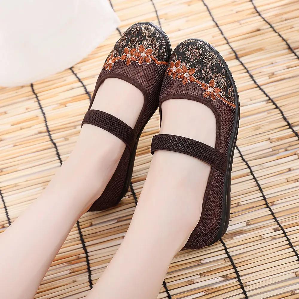 Cloth Shoes Chinese Style Embroidered Cloth Shoes Women Soft Bottom Mesh Breathable Ladies Casual Shoes Sandals Zapatos De Mujer