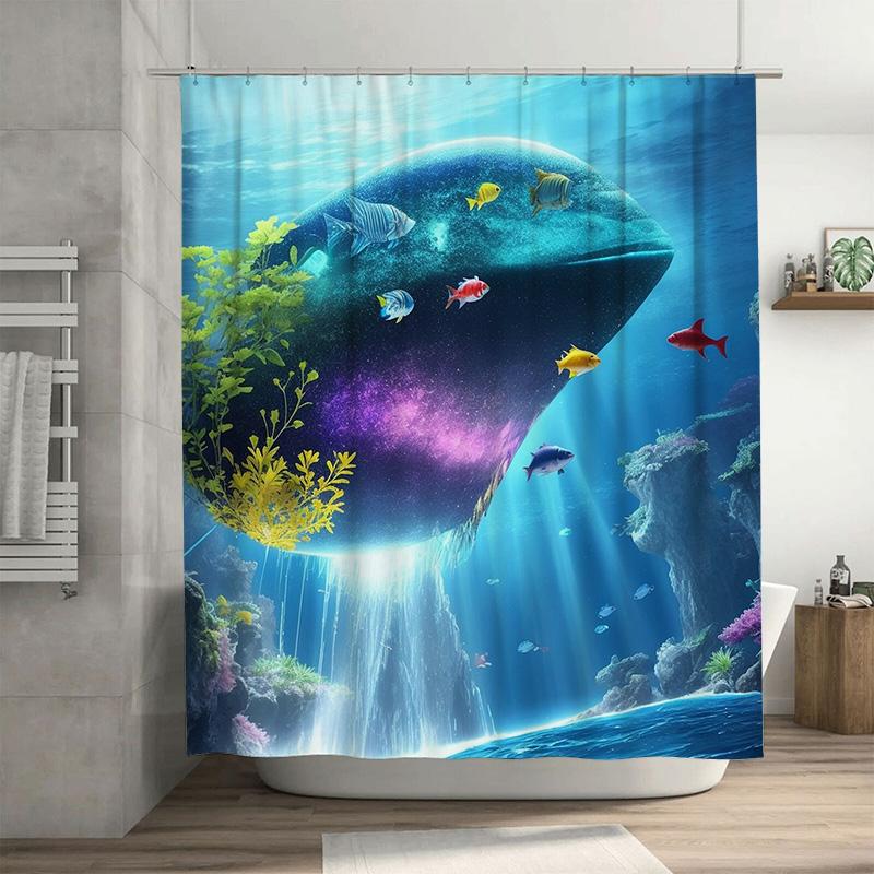 

Underwater World Shower Curtain: Whimsical Ocean Scene With Fish And Coral Waterproof Fabric For Bathroom Decor (Large Size) W60H190(CM)-1 Pcs