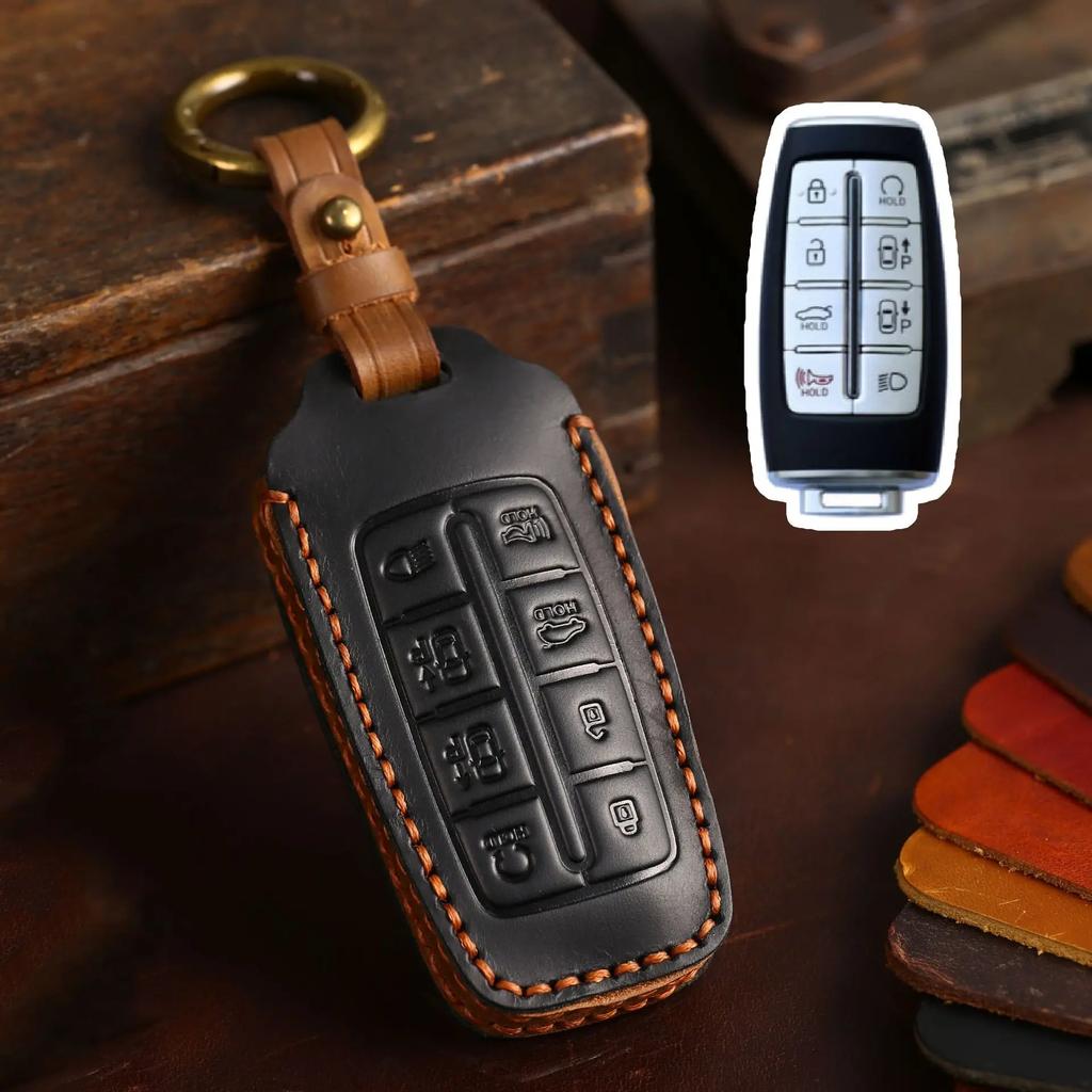 Top Grain Leather Key Cover for Genesis GV70 GV80 G90 - 4/6/8 Button Options w/ Metal Ring, Full Enclosed Anti-Scratch Protector