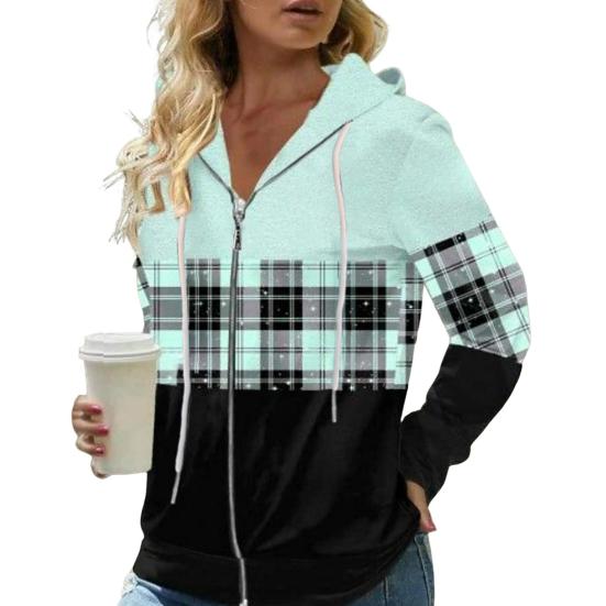 

Осенние женские толстовки Модная клетчатая куртка-кардиган на молнии Обычная посадка Длинные рукава Повседневное пальто с капюшоном Весна Осень 3XL зелёный