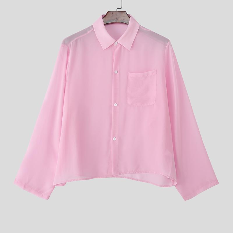 INCERUN Oversized Men Lapel Neck Drop Shoulder Long Sleeve See Through Mesh Shirts Tops