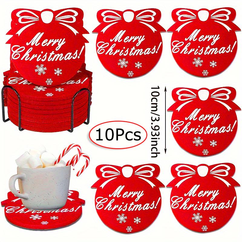 10PC Snowflake Printed Party Red Holiday Felt Coasters Table Decor Christmas Cup Mats Festive Absorbent Wool Beverage Decoration