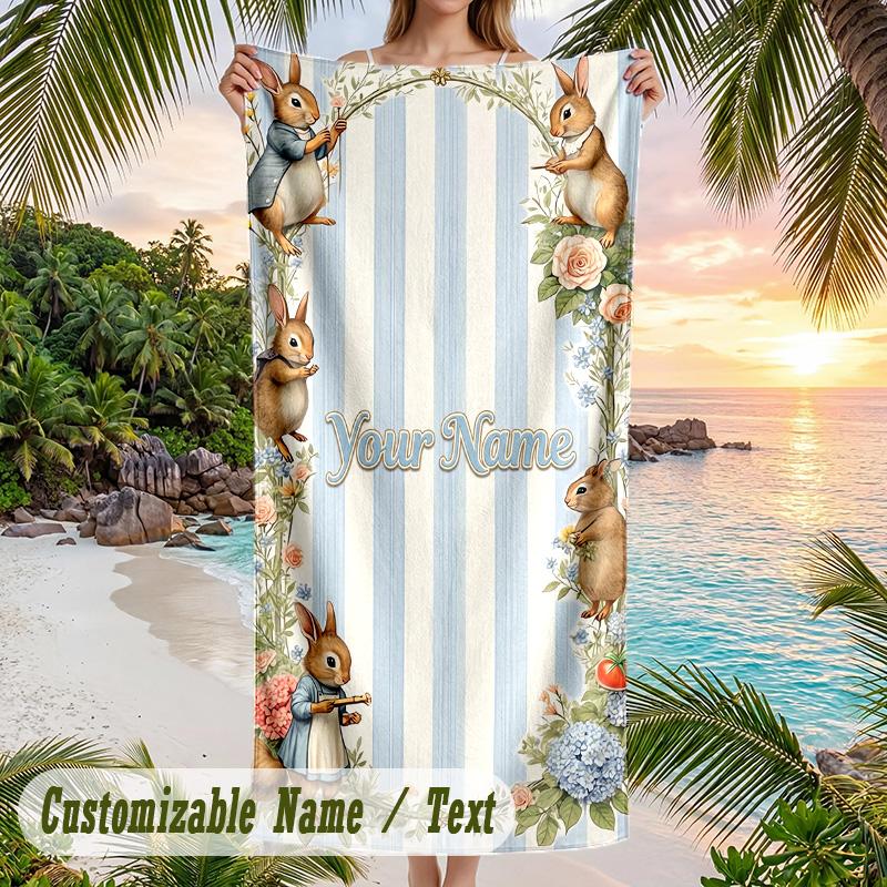 Peter Rabbit Beach Towel, Personalized Custom Text, Quick Dry Soft Large Towel For Swimming Pool Travel