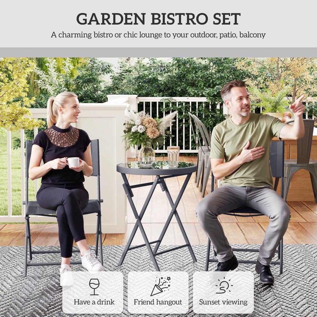 3 Pieces Outdoor Bistro Set Glass Top Outdoor Table And 2 Folding Chairs With Protecting Feet Grey