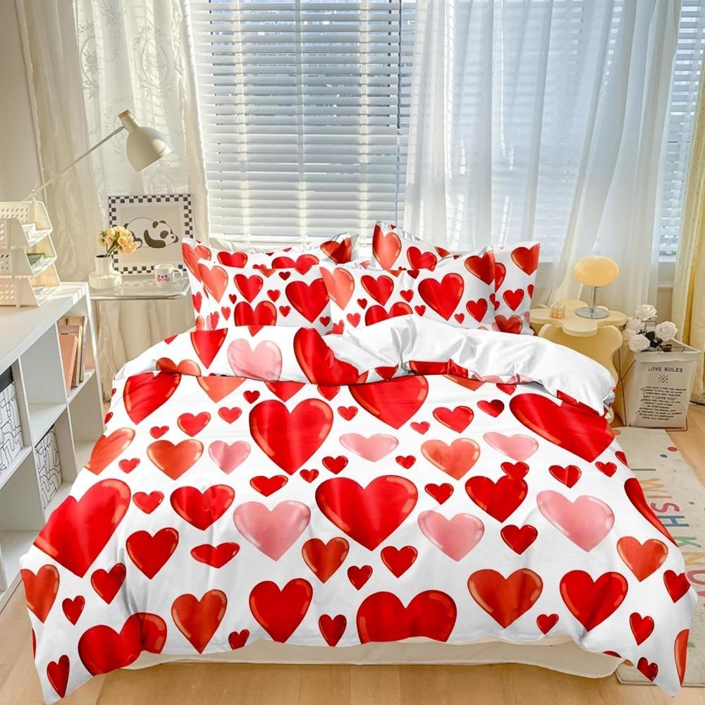 aesthetic heart-shaped pattern, Duvet Cover White red zipper ultra-fine fiber down duvet cover setsuitable for girls and women