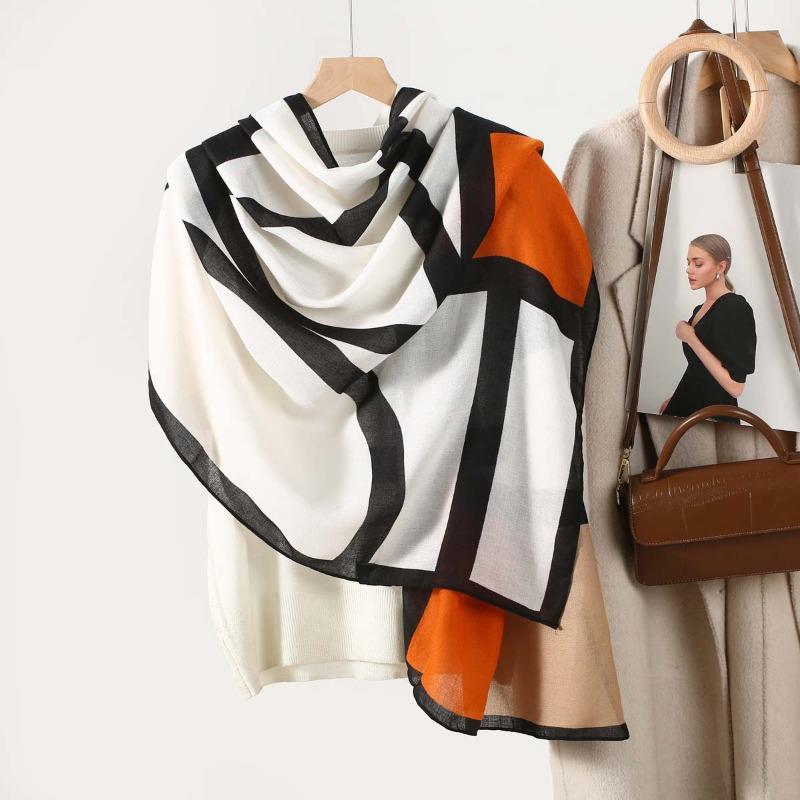 New cotton and linen feel simple color matching letter O scarf fashion travel sunscreen yarn