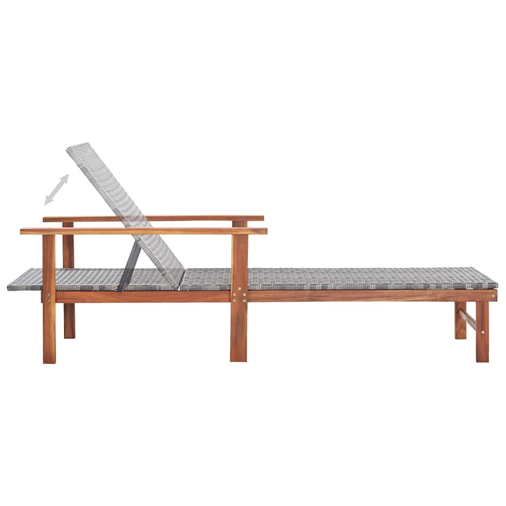 Sun Lounger in Poly Rattan and Solid Acacia Wood Grey
