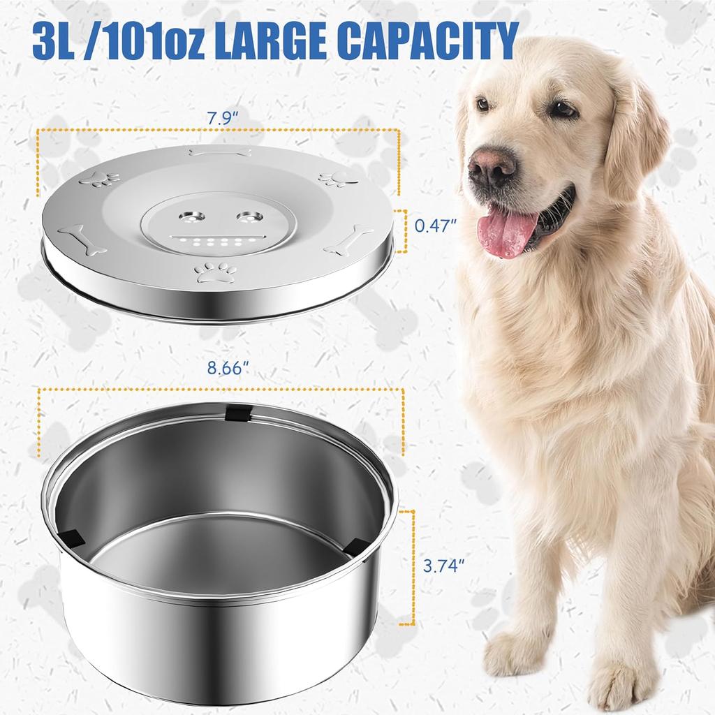 Dog Water Bowl, 3L Large No Spill Dog Bowls, Stainless Steel Water Bowl Dispenser Spilling Proof for Dogs, 101 Oz Non-Skid Pet Water Feeder,Slow
