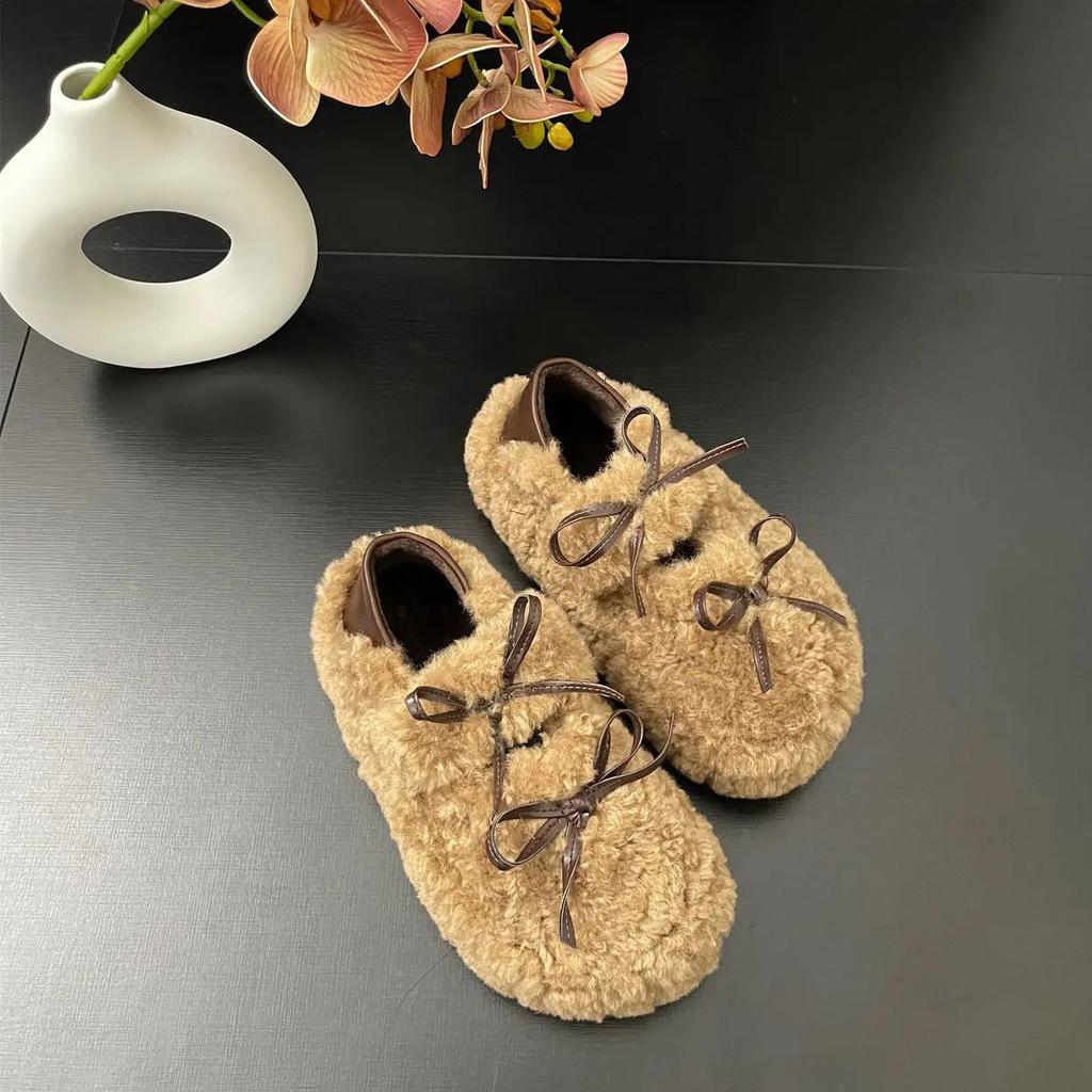 Casual single shoes women's 2025 autumn and winter new soft-soled suede warm Korean version comfortable bow two wear Mao Mao shoes
