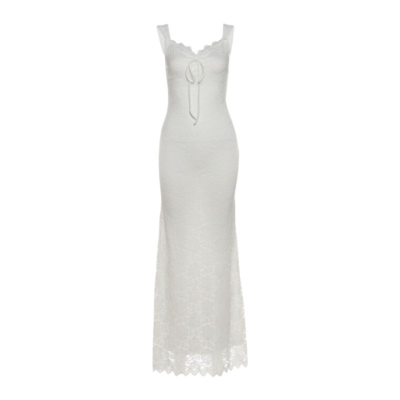 

# Sisjuly# Elegant and Graceful Curve Lace Carved Bow Sheath Tight Camisole Dress Women White L
