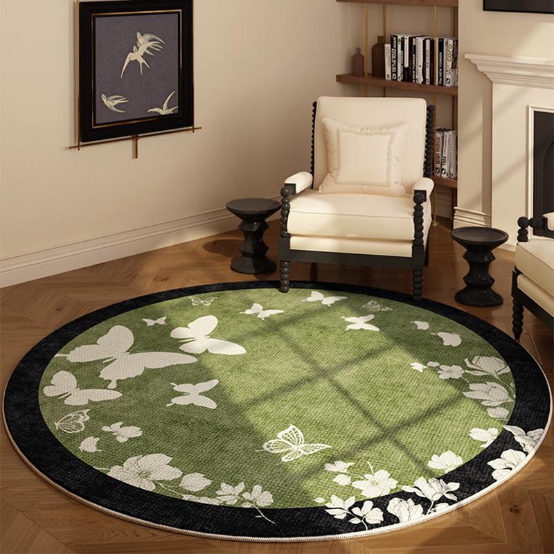 

French Style Round Flower Pattern Rug – Soft Anti-Slip Washable Green Mat for Bedroom Living Room Diameter 60cm