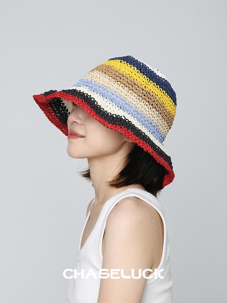 Rainbow Striped Straw Bucket Hat Women's Summer Breathable Sunscreen Face Small Sunshade Sun Hat Beach Fashion Straw Hat
