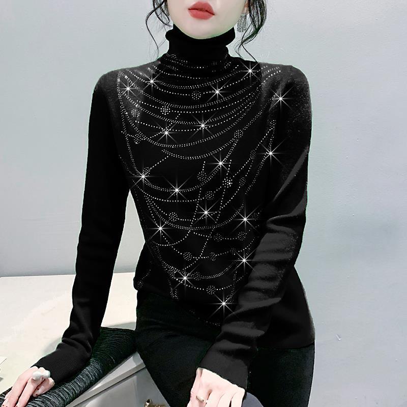 Damski dopasowany sweter z dzianiny z golfem i hot-dżetami na jesień/zimę 2024