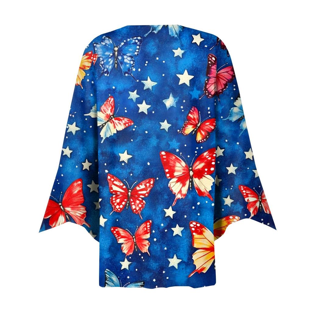 Women's Loose Casual Independence Day Printed Seven Sleeve Button Down Shirt Cardigan Top