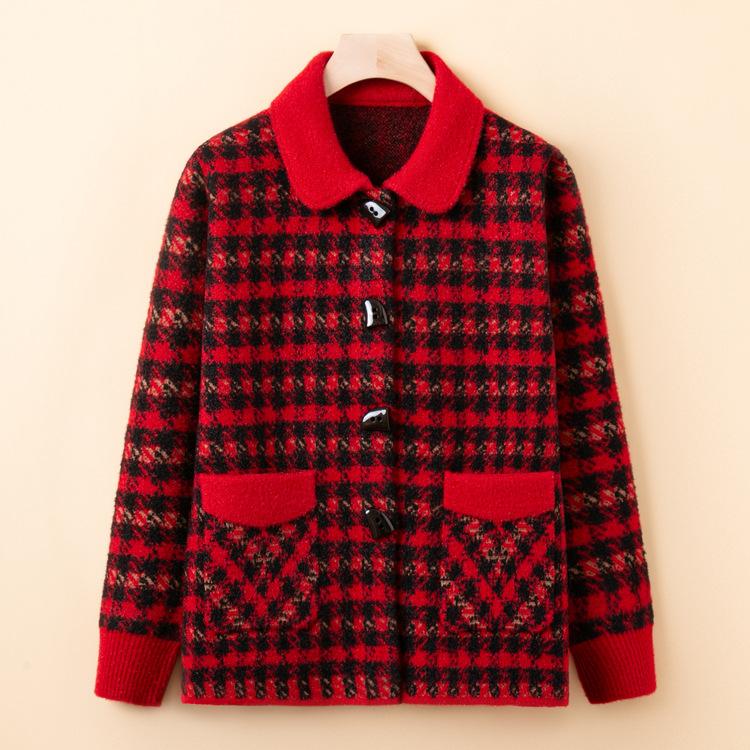 New Style Mother Sweater Jacket Middle-aged and Elderly Sweater Top Spring and Autumn Plaid Cardigan Lapel for Women