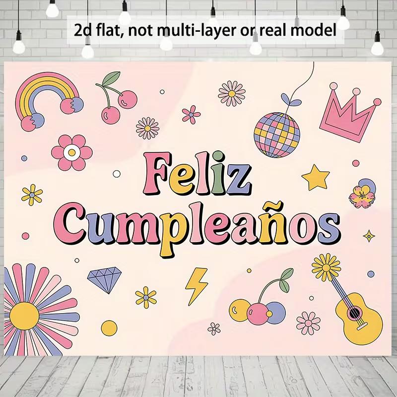 2D Groovy Pastel Spanish Birthday Backdrop "Feliz Cumpleaños" Celebration Photo Background