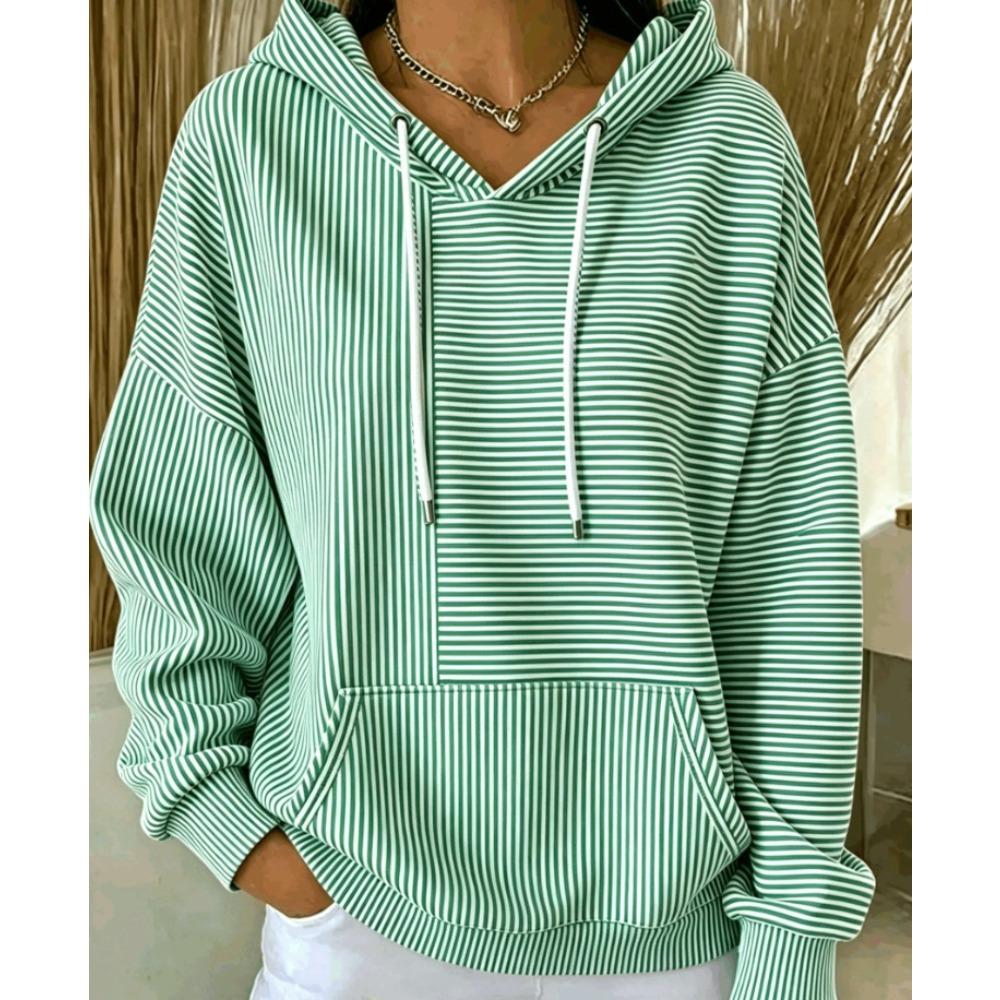 Women's V Neck Long Sleeve Striped Hoodie Casual Loose Pullover Sweatshirt for Daily Wear