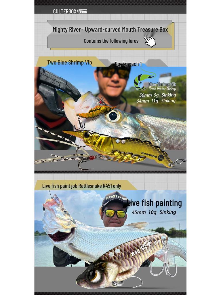 Mighty River Treasure Lure Set: Rattlesnake Green Shrimp, VIBCC50, East Wind Minnow, and Blue Knife Iron Plate