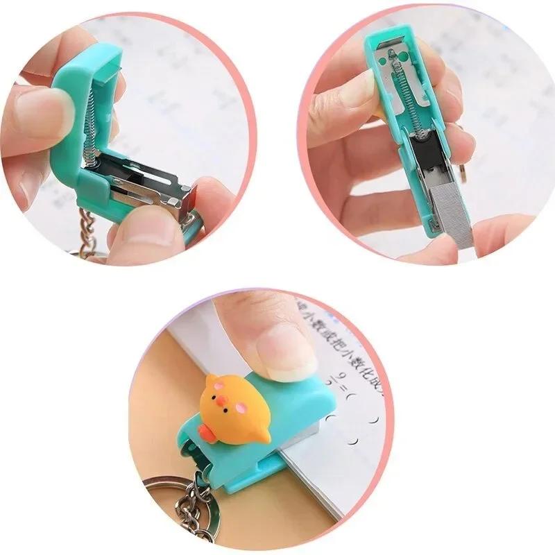 Cartoon Mini Stapler Keychain Kawaii Animal Trumpet Stapler Book Paper Binding Machines Student Stationery Cute Desk Accessories