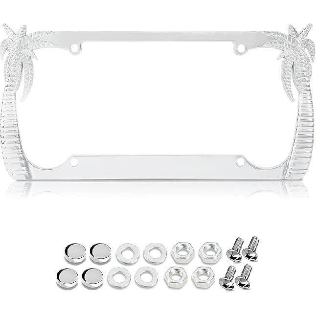 Chrome Palm Tree License Plate Frame For Women, Cute Hawaiian Beach License Plate Frames With Palm Trees