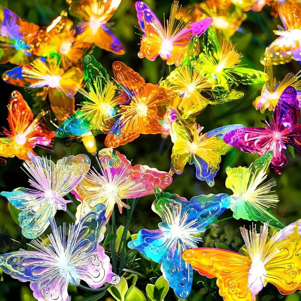 8/10 Head Solar Fiber Optic Color Changing Butterfly String Lights Stake Lights Outdoor Garden Lawn Decorative Lights