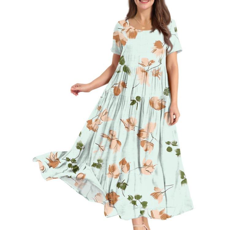 Women Summer Boho Floral Printed Loose Dress Round Neck Short Sleeve