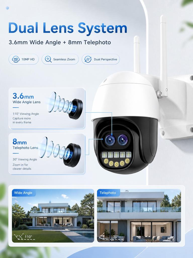 AIOOK Dual lens HD 10MP outdoor camera 5X ZOOM WIFI camera mobile tracking full-color night vision two-way intercom ICSEE APP